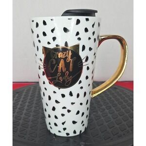 Crazy Cat Lady mug Black‎ White Specked tall ceramic Coffee Tea Gold Lettering